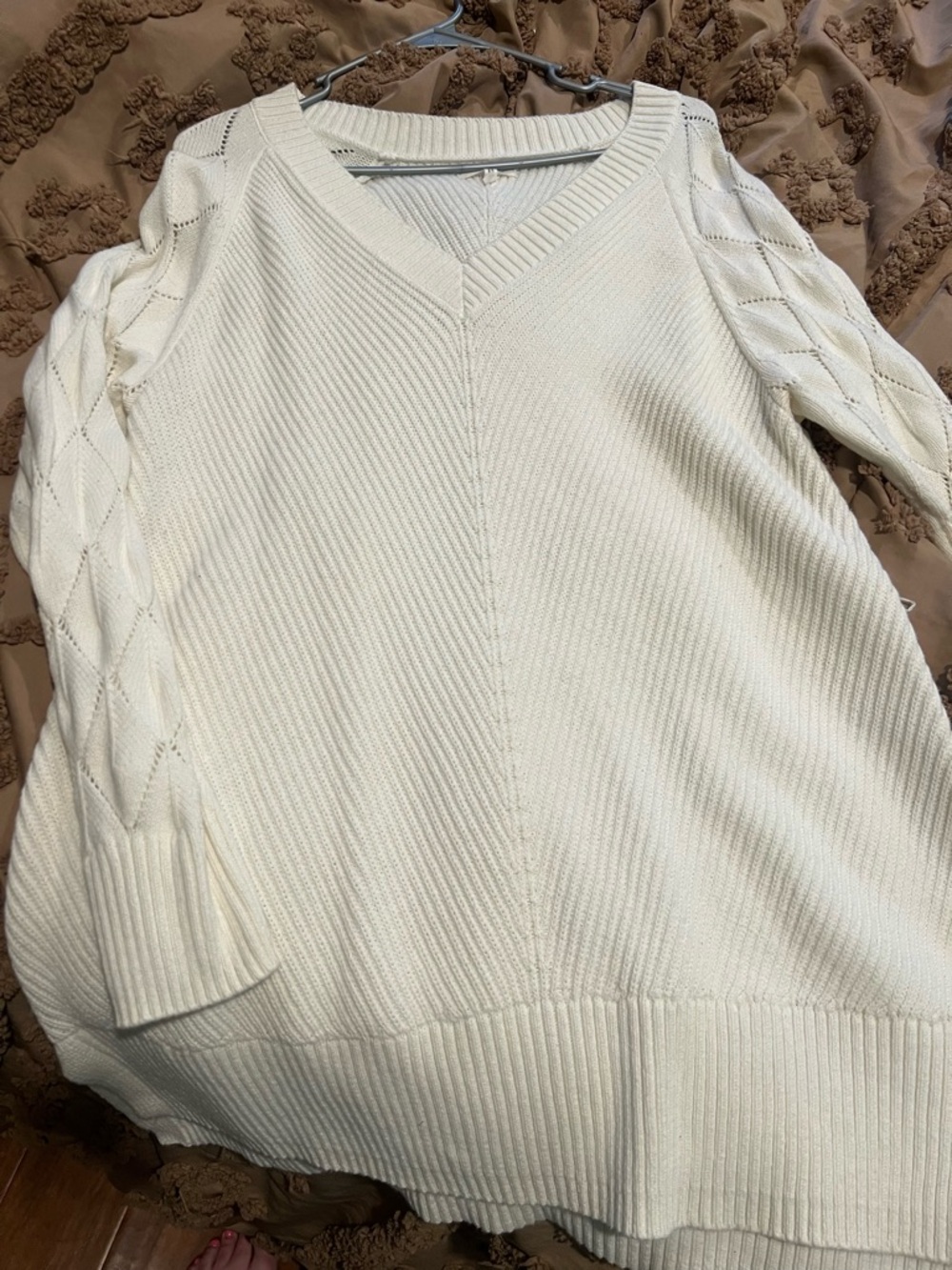 Maurices Cream V-Neck Knit Sweater with Cable Detail